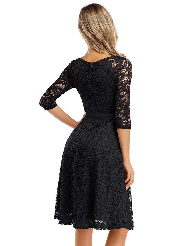 Rose Elegant Lace Dress for Women – V-Neck, Knee-Length & Vintage Style