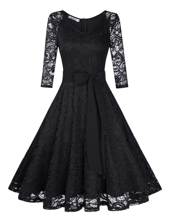 Rose Elegant Lace Dress for Women – V-Neck, Knee-Length & Vintage Style