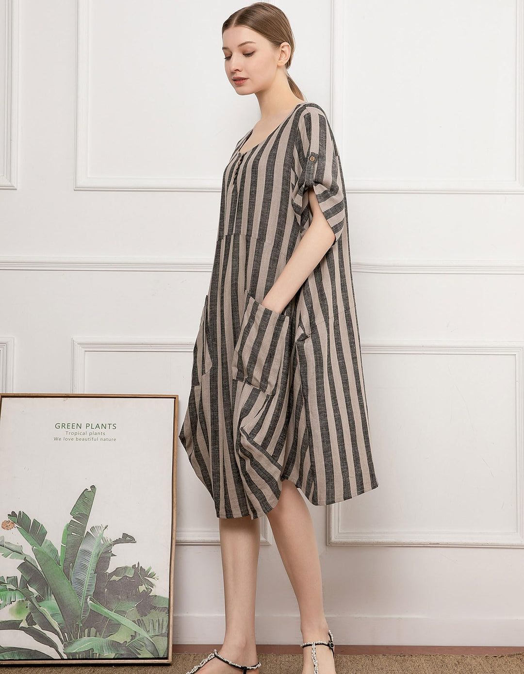 Wisteria Vestido Túnica Mujer – Lino Algodón, Mangas Cortas y Bolsillos Boho Oversize