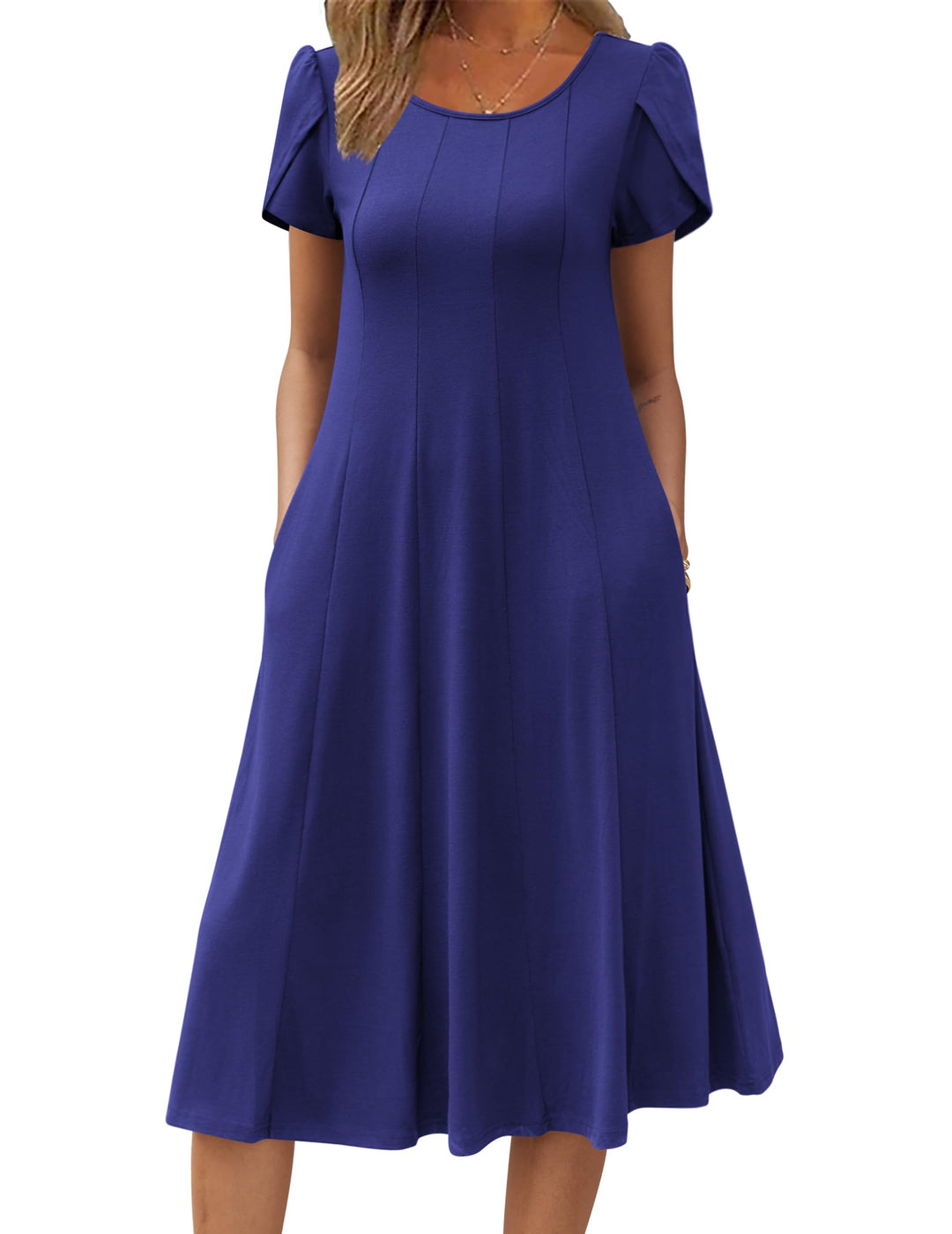 Vestido Midi Belle para Mujer – Cuello Redondo, Mangas Abullonadas y Bolsillos, Línea A Elegante