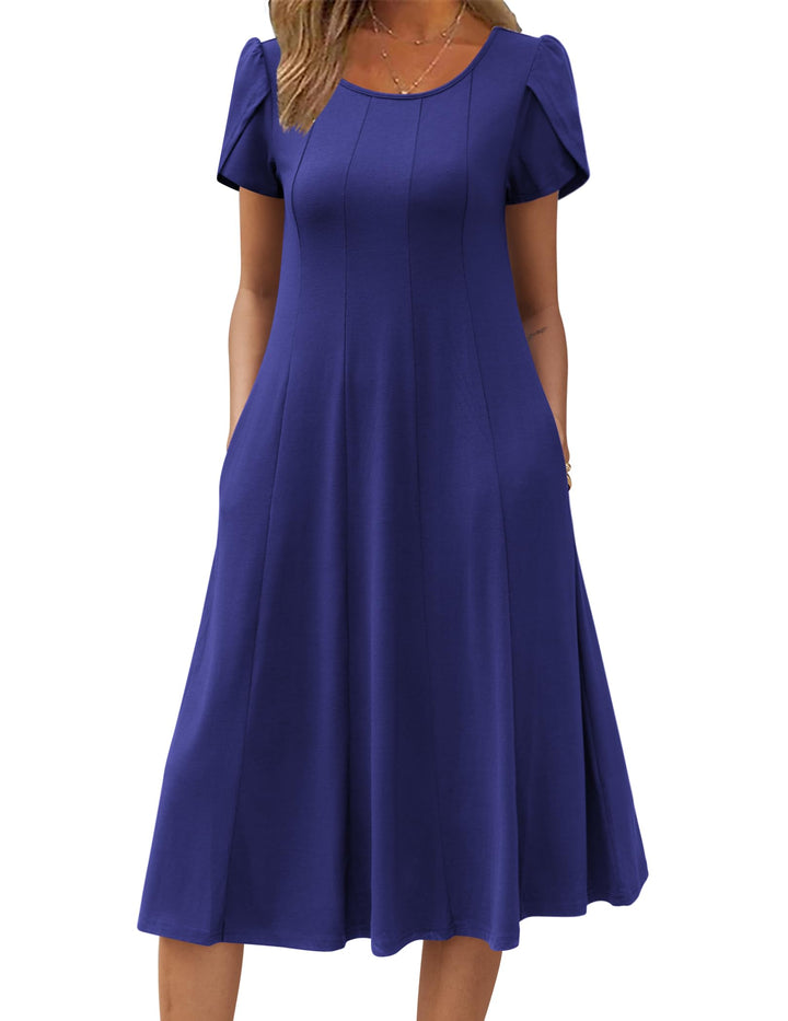 Vestido Midi Belle para Mujer – Cuello Redondo, Mangas Abullonadas y Bolsillos, Línea A Elegante
