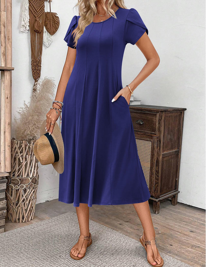 Vestido Midi Belle para Mujer – Cuello Redondo, Mangas Abullonadas y Bolsillos, Línea A Elegante