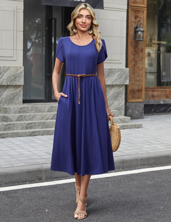 Vestido Midi Belle para Mujer – Cuello Redondo, Mangas Abullonadas y Bolsillos, Línea A Elegante