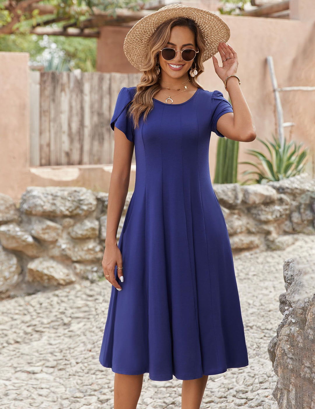 Vestido Midi Belle para Mujer – Cuello Redondo, Mangas Abullonadas y Bolsillos, Línea A Elegante
