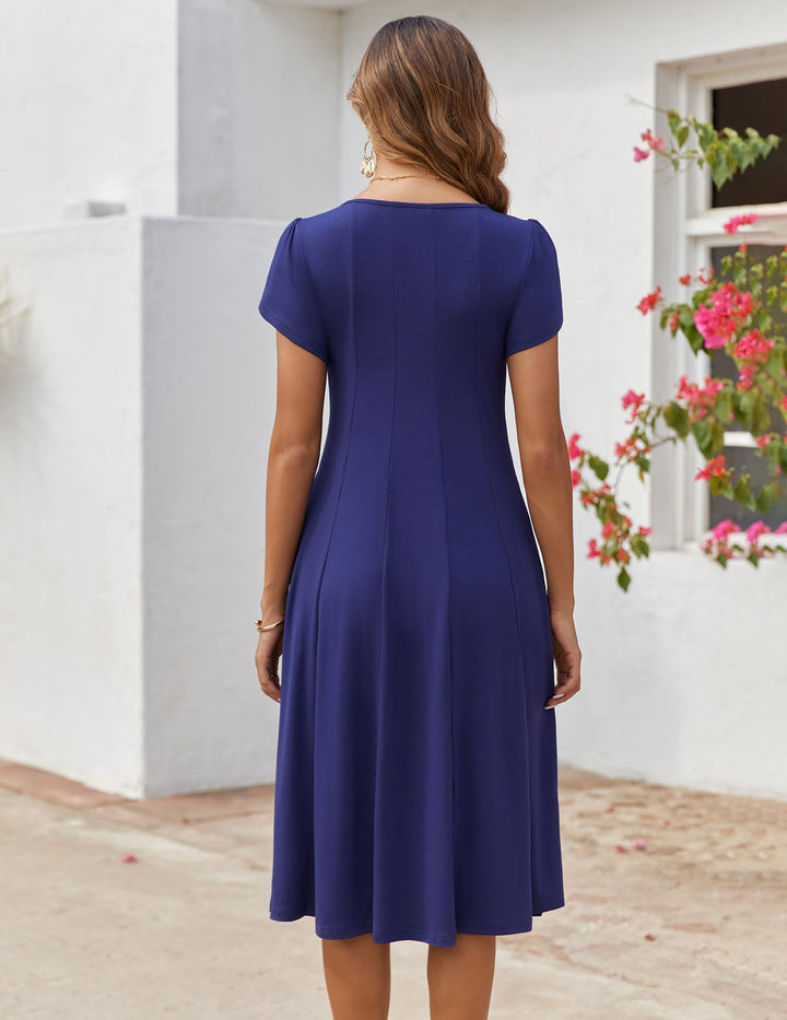 Vestido Midi Belle para Mujer – Cuello Redondo, Mangas Abullonadas y Bolsillos, Línea A Elegante
