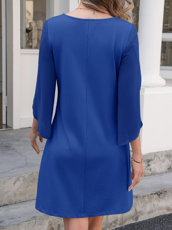 Vestido Elegante Marino para Mujer – Cuello Redondo, Mangas 3/4 de Chifón y Largo hasta la Rodilla