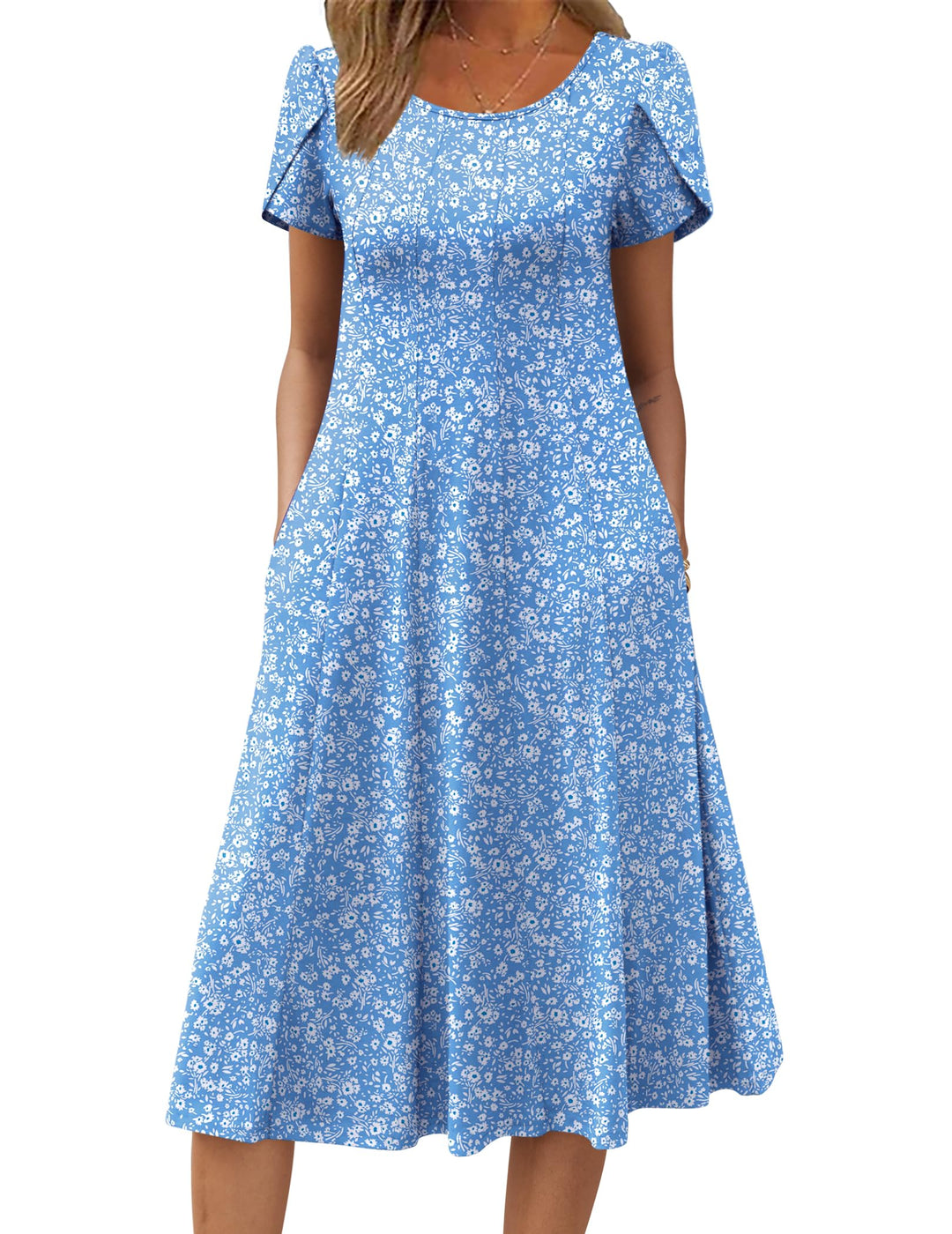 Vestido Midi Belle para Mujer – Cuello Redondo, Mangas Abullonadas y Bolsillos, Línea A Elegante