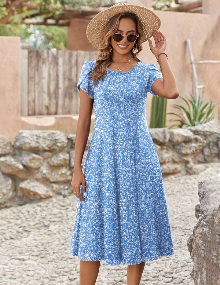 Vestido Midi Belle para Mujer – Cuello Redondo, Mangas Abullonadas y Bolsillos, Línea A Elegante