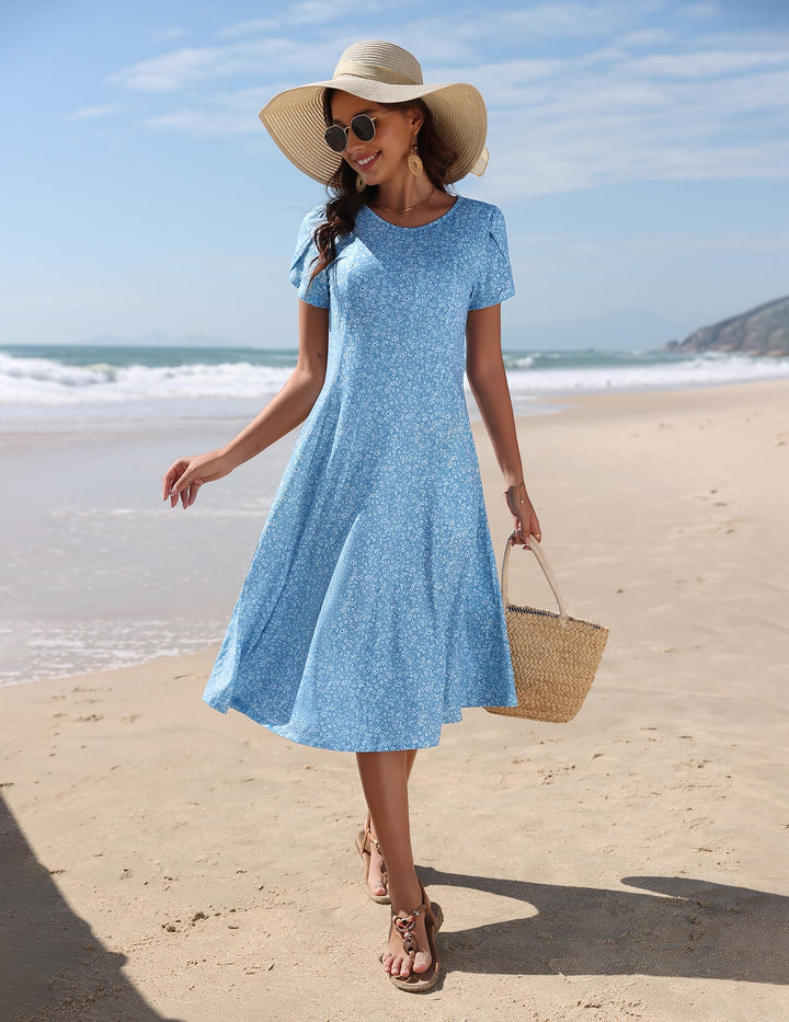 Vestido Midi Belle para Mujer – Cuello Redondo, Mangas Abullonadas y Bolsillos, Línea A Elegante