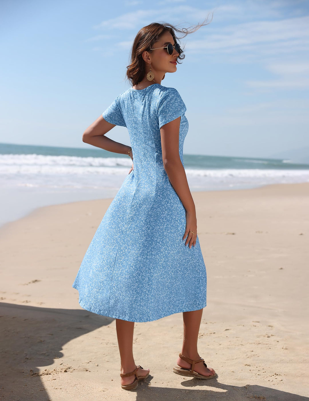 Vestido Midi Belle para Mujer – Cuello Redondo, Mangas Abullonadas y Bolsillos, Línea A Elegante