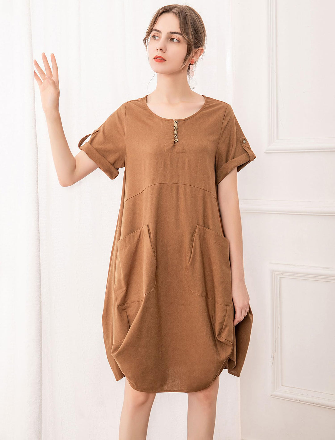 Wisteria Vestido Túnica Mujer – Lino Algodón, Mangas Cortas y Bolsillos Boho Oversize