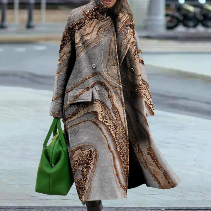 Cathy Cappotto long pour femme en laine – design floral artistique avec double boutonnage