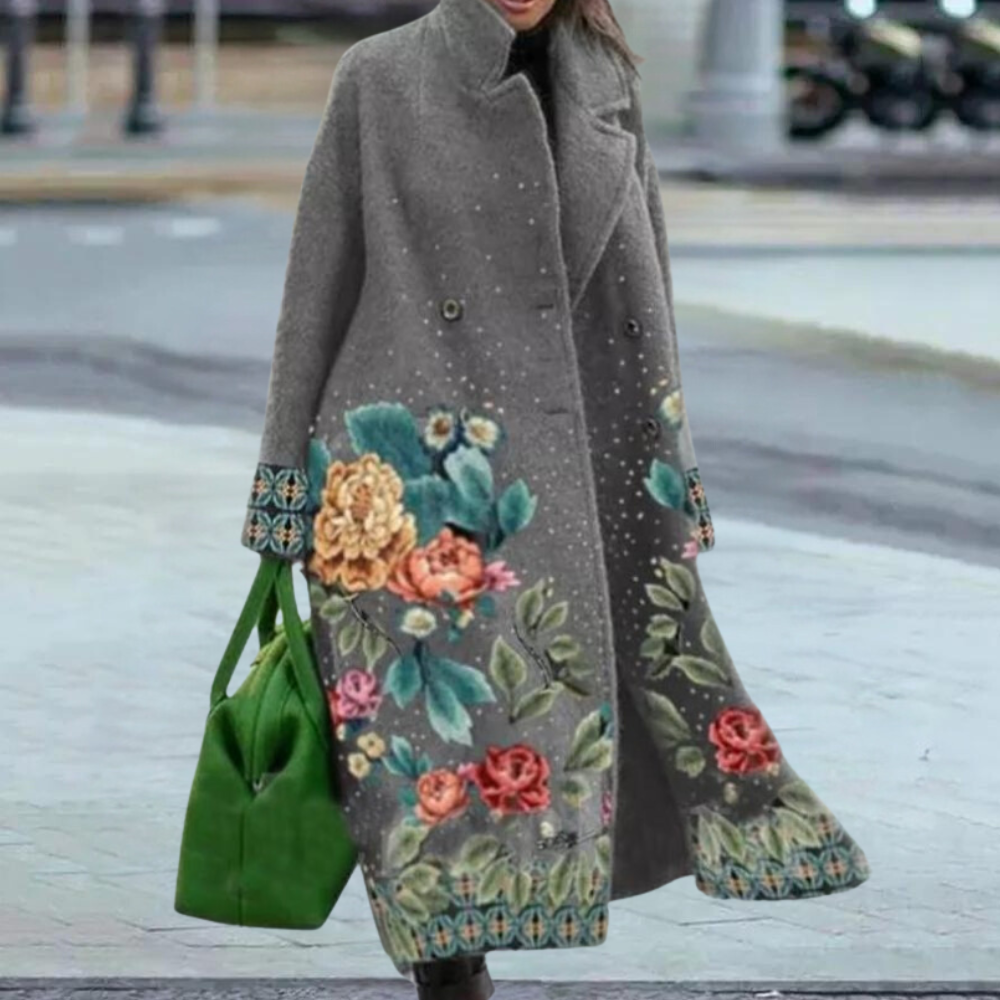 Cathy Cappotto long pour femme en laine – design floral artistique avec double boutonnage