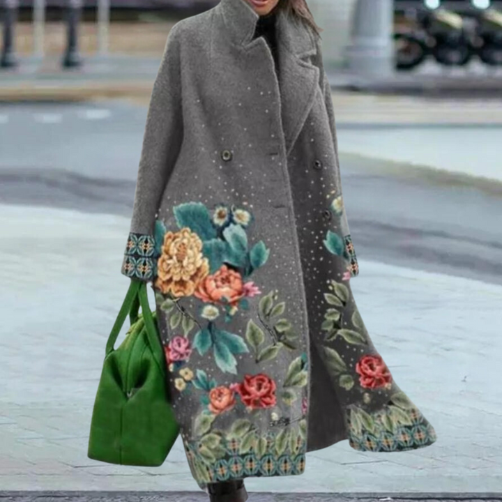 Cathy Cappotto long pour femme en laine – design floral artistique avec double boutonnage