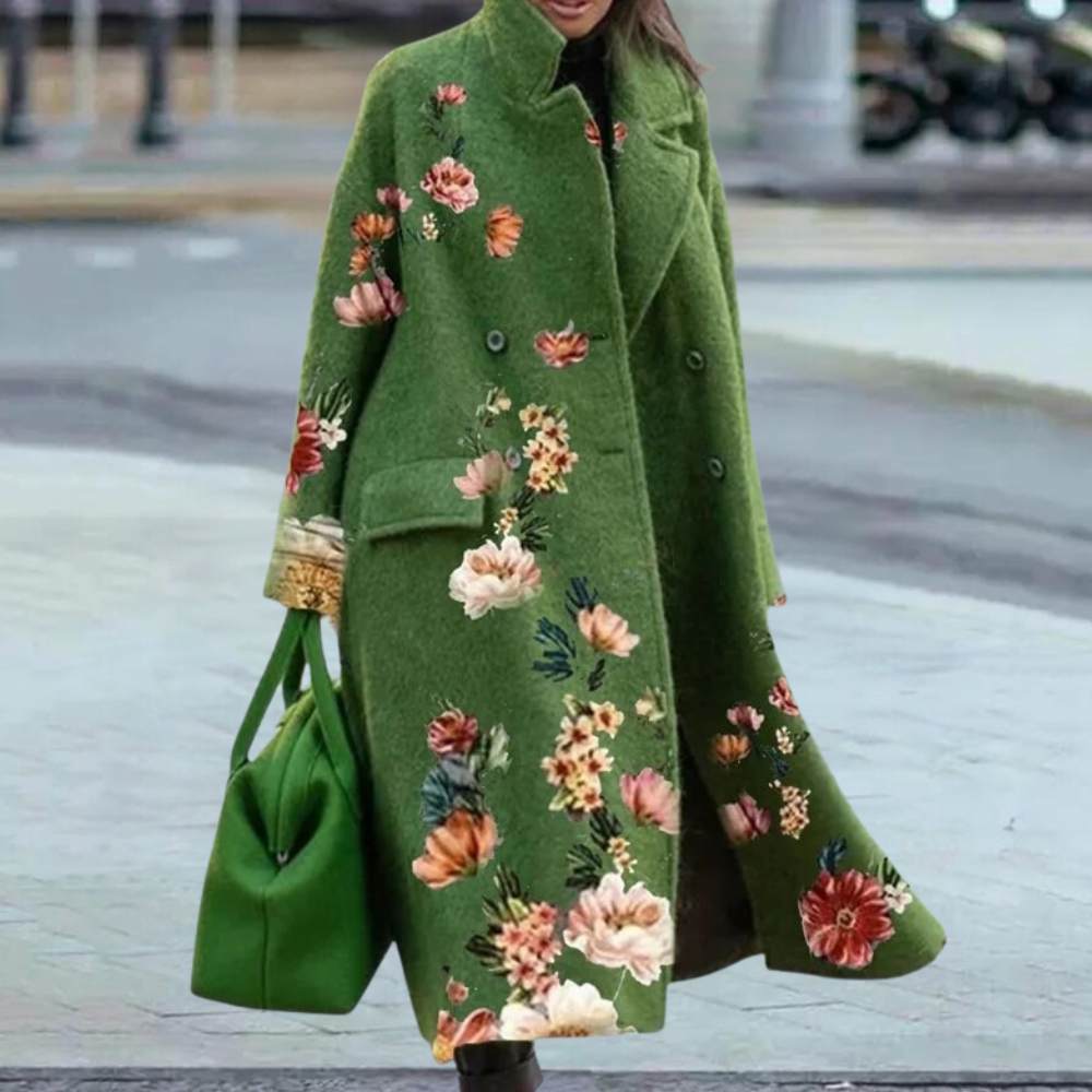 Cathy Cappotto long pour femme en laine – design floral artistique avec double boutonnage