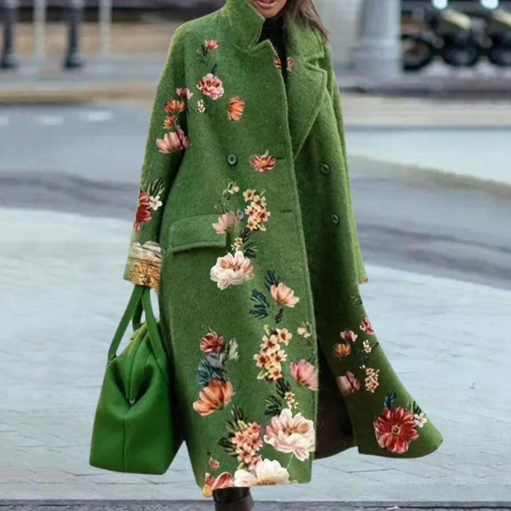 Cathy Cappotto long pour femme en laine – design floral artistique avec double boutonnage