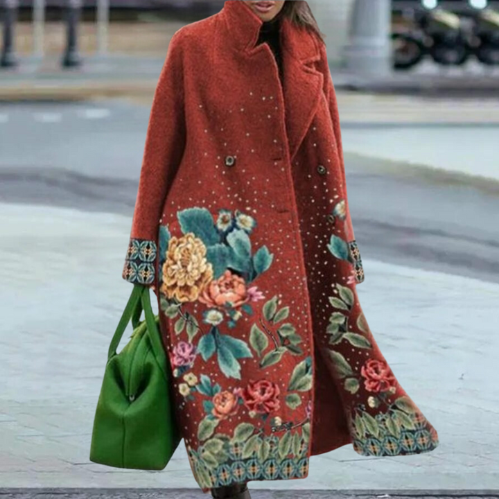 Cathy Cappotto long pour femme en laine – design floral artistique avec double boutonnage