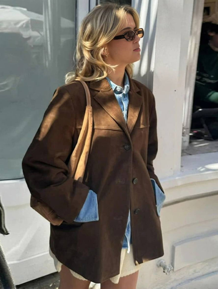 Chaqueta de piel de ante vintage casual para mujer | con bolsillos