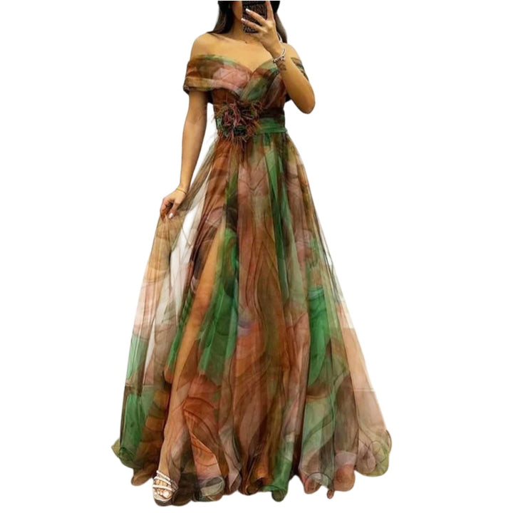 Evania Vestido Elegante para Mujer – Hombros Descubiertos, Tul en Línea A y Maxi con Abertura para Noche
