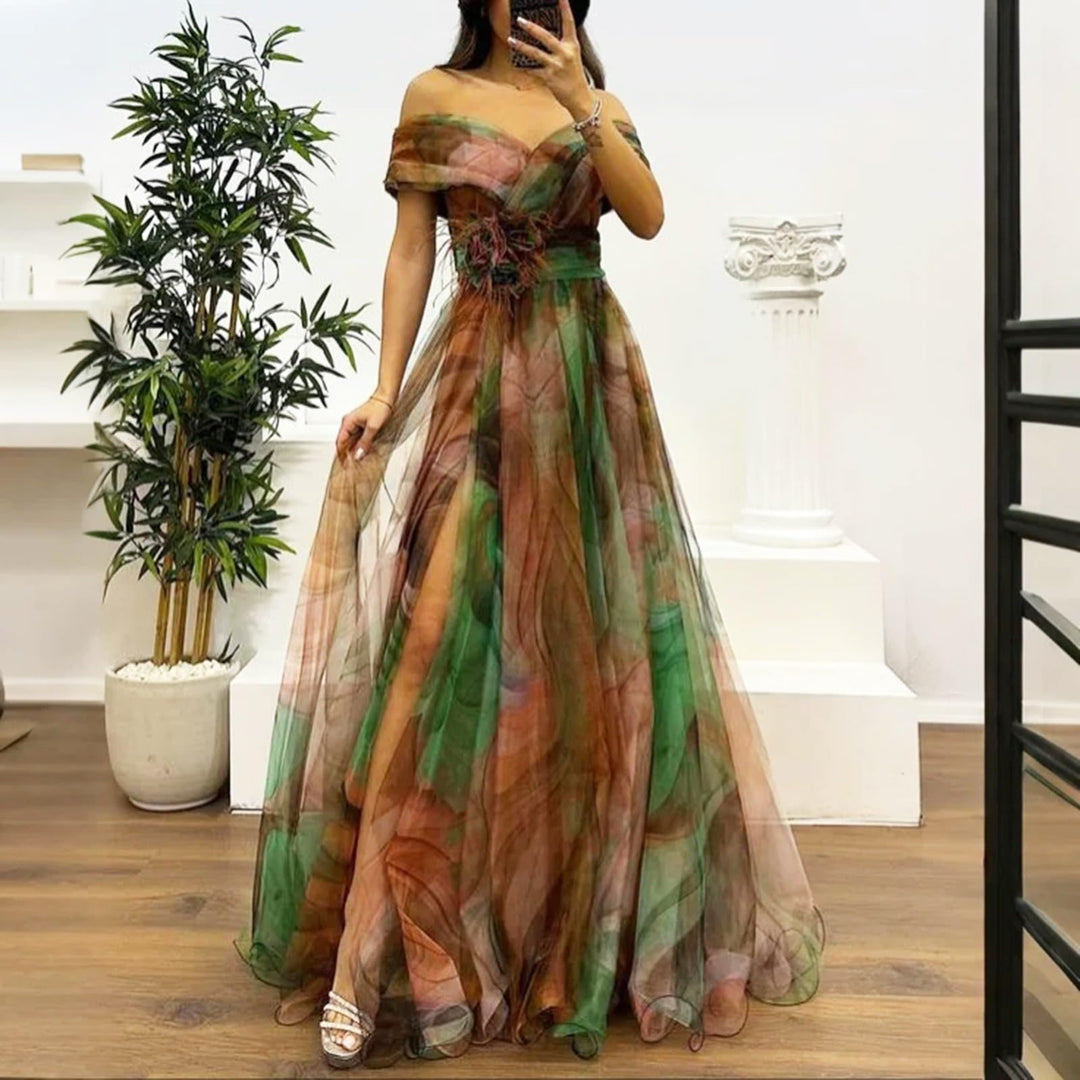 Evania Vestido Elegante para Mujer – Hombros Descubiertos, Tul en Línea A y Maxi con Abertura para Noche