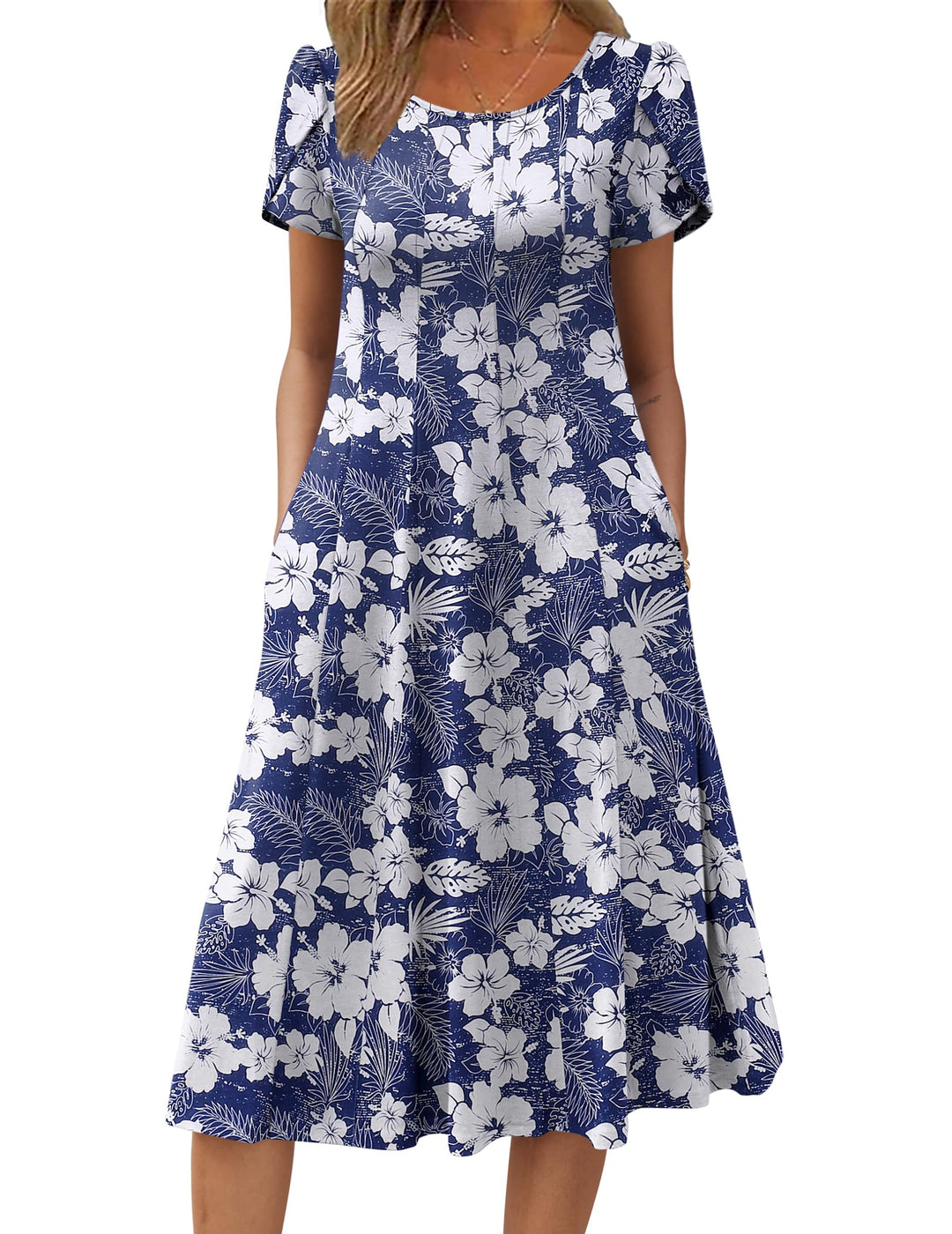 Vestido Midi Belle para Mujer – Cuello Redondo, Mangas Abullonadas y Bolsillos, Línea A Elegante