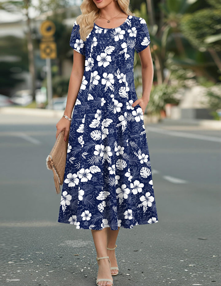 Vestido Midi Belle para Mujer – Cuello Redondo, Mangas Abullonadas y Bolsillos, Línea A Elegante