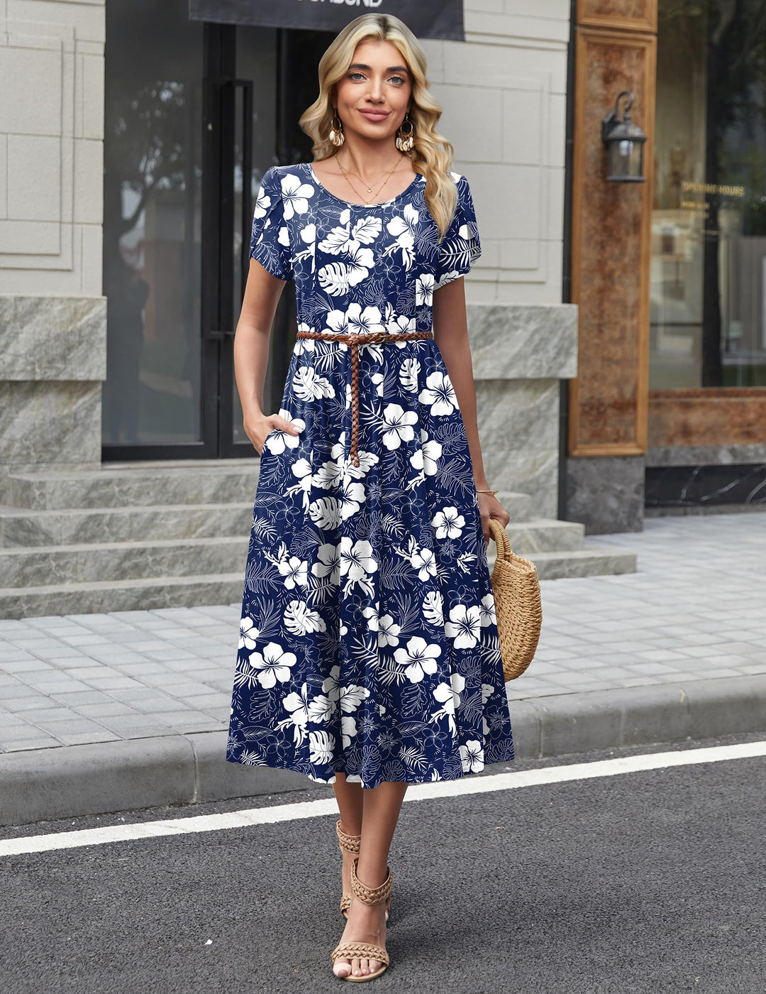 Vestido Midi Belle para Mujer – Cuello Redondo, Mangas Abullonadas y Bolsillos, Línea A Elegante