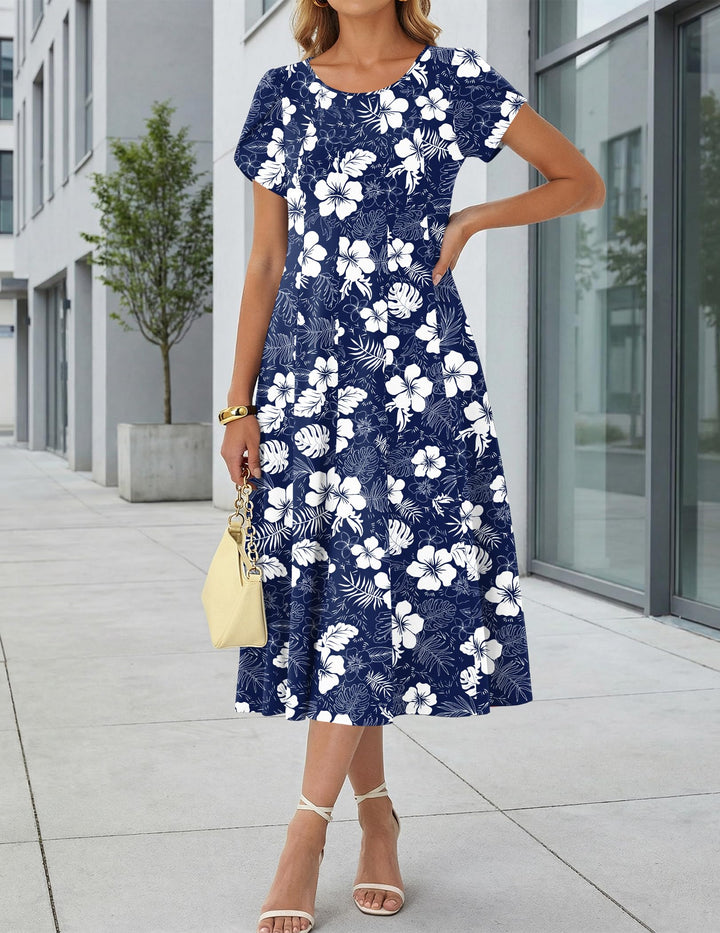 Vestido Midi Belle para Mujer – Cuello Redondo, Mangas Abullonadas y Bolsillos, Línea A Elegante