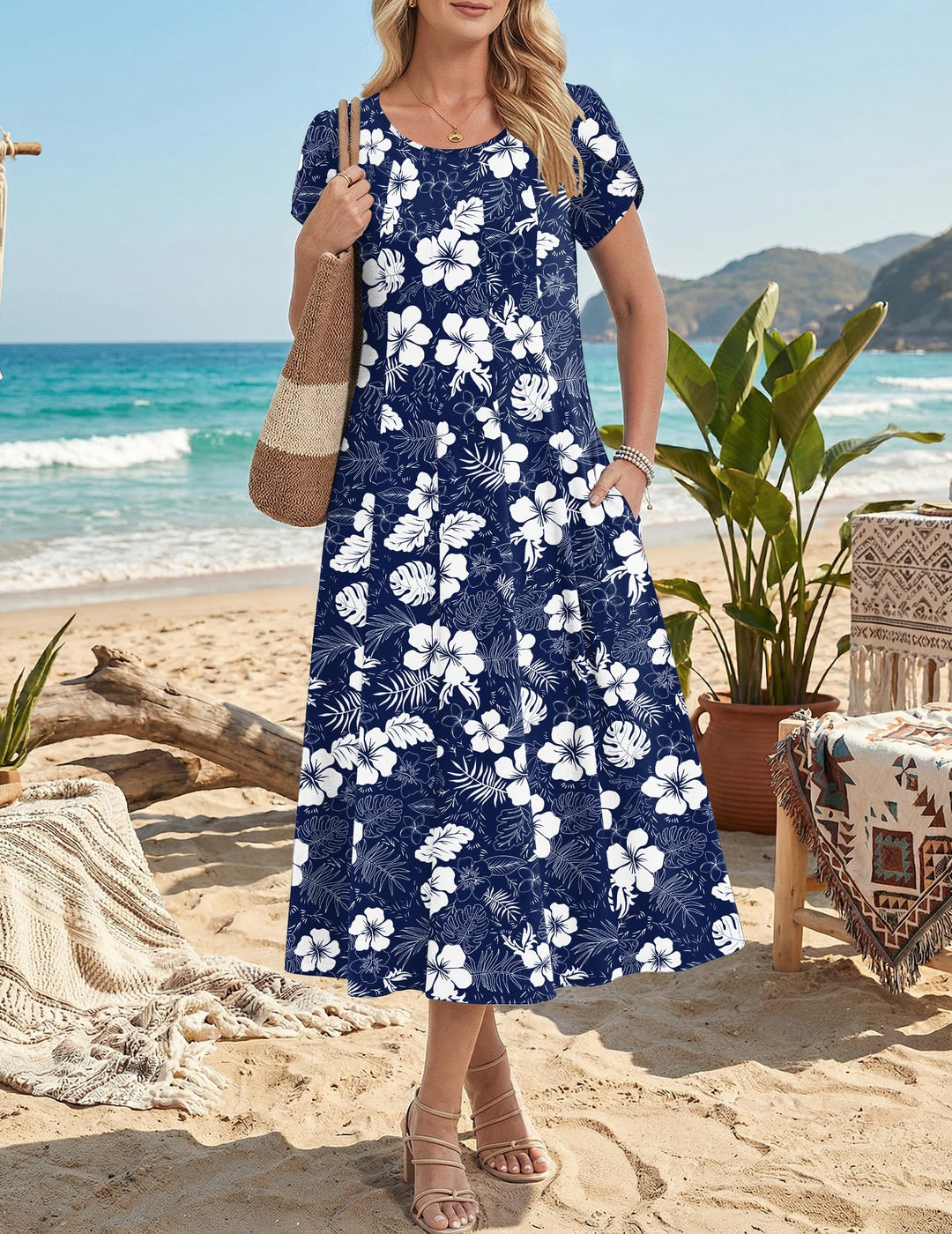 Vestido Midi Belle para Mujer – Cuello Redondo, Mangas Abullonadas y Bolsillos, Línea A Elegante