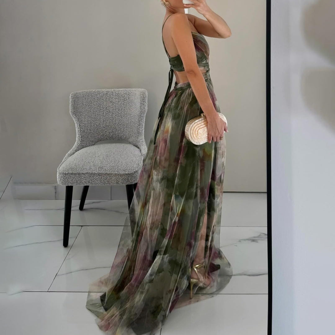 Evania Vestido Elegante para Mujer – Hombros Descubiertos, Tul en Línea A y Maxi con Abertura para Noche
