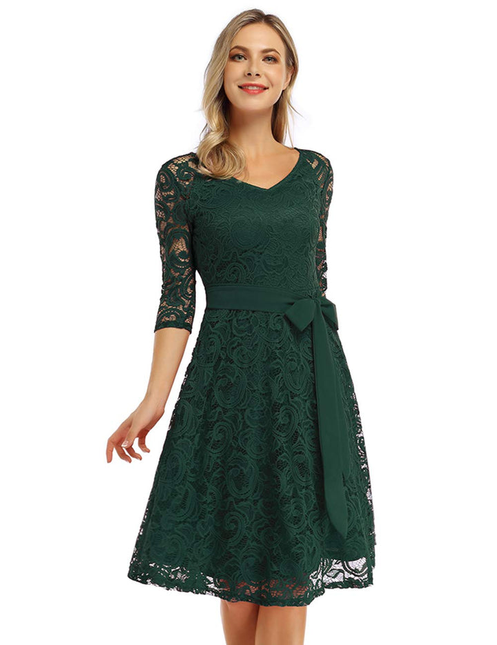 Rose Elegant Lace Dress for Women – V-Neck, Knee-Length & Vintage Style