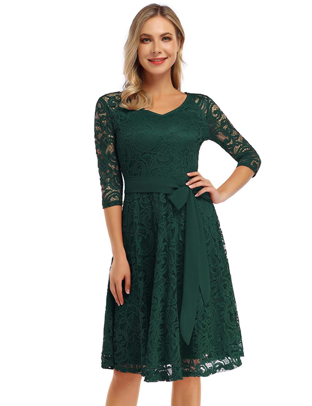 Rose Elegant Lace Dress for Women – V-Neck, Knee-Length & Vintage Style