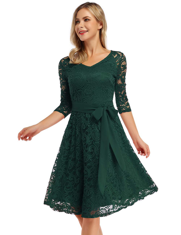 Rose Elegant Lace Dress for Women – V-Neck, Knee-Length & Vintage Style