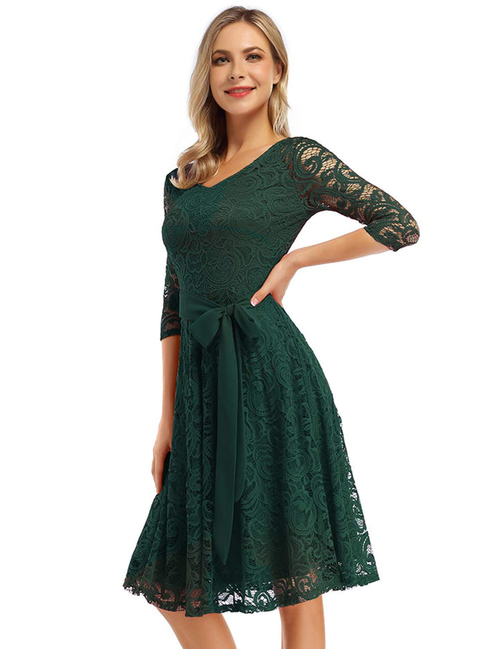 Rose Elegant Lace Dress for Women – V-Neck, Knee-Length & Vintage Style