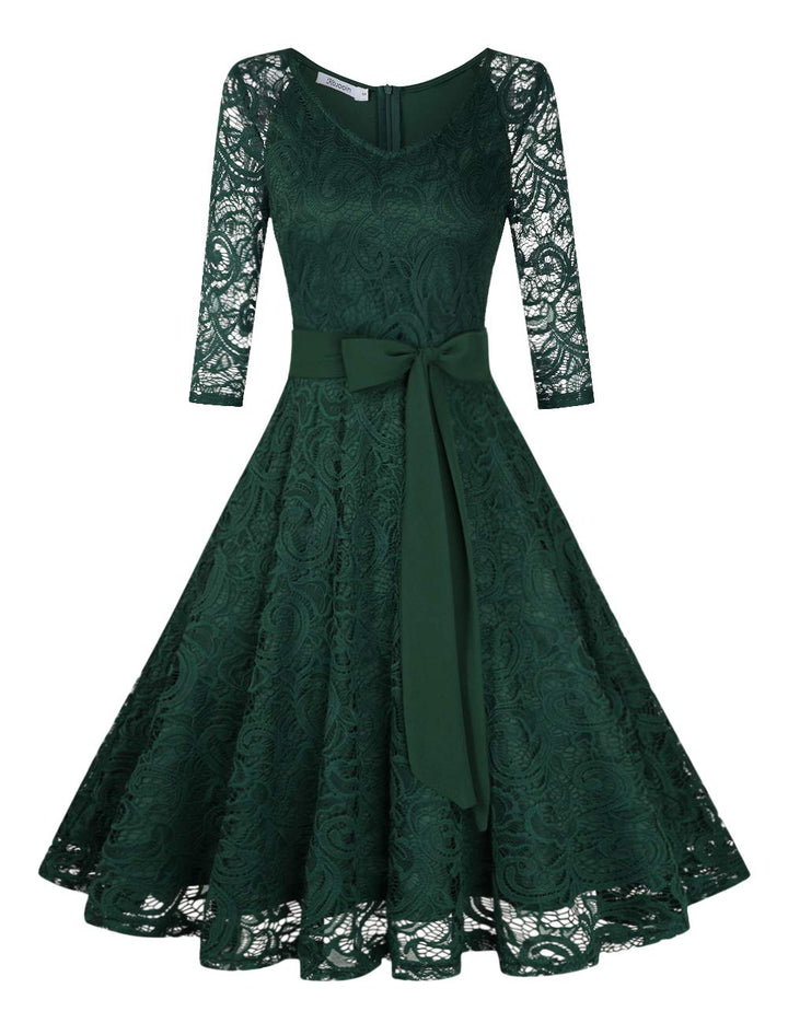 Rose Elegant Lace Dress for Women – V-Neck, Knee-Length & Vintage Style