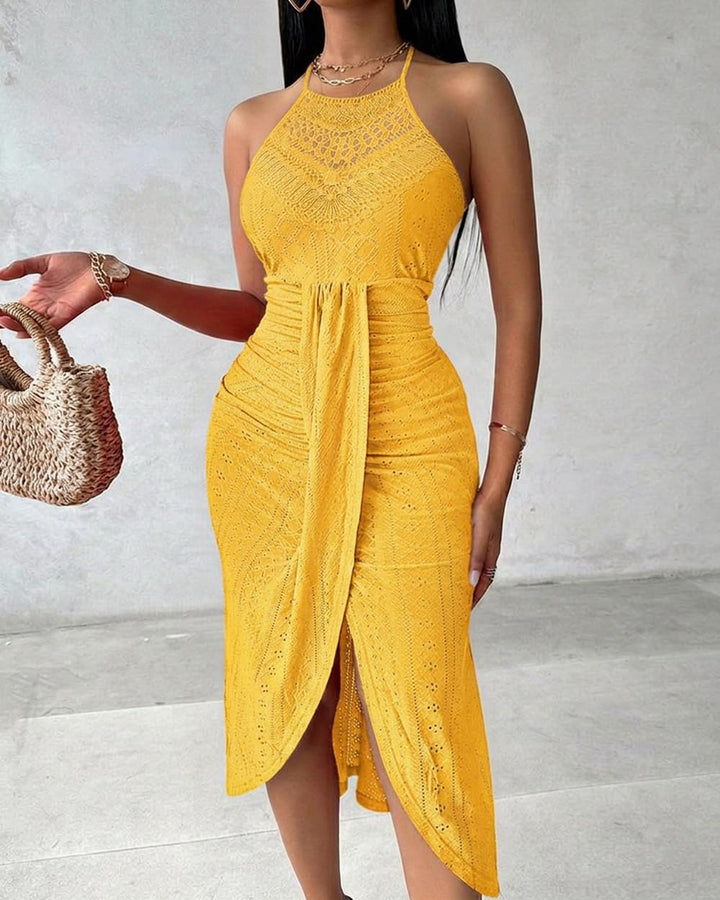 Arla Vestido Maxi Mujer – Halter, Bordado Sangallo y Abertura Lateral Elegante de Verano