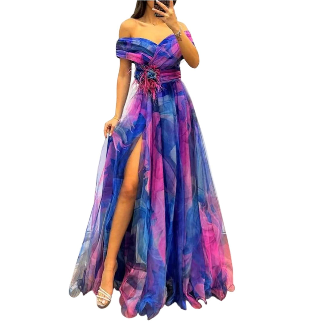 Evania Vestido Elegante para Mujer – Hombros Descubiertos, Tul en Línea A y Maxi con Abertura para Noche