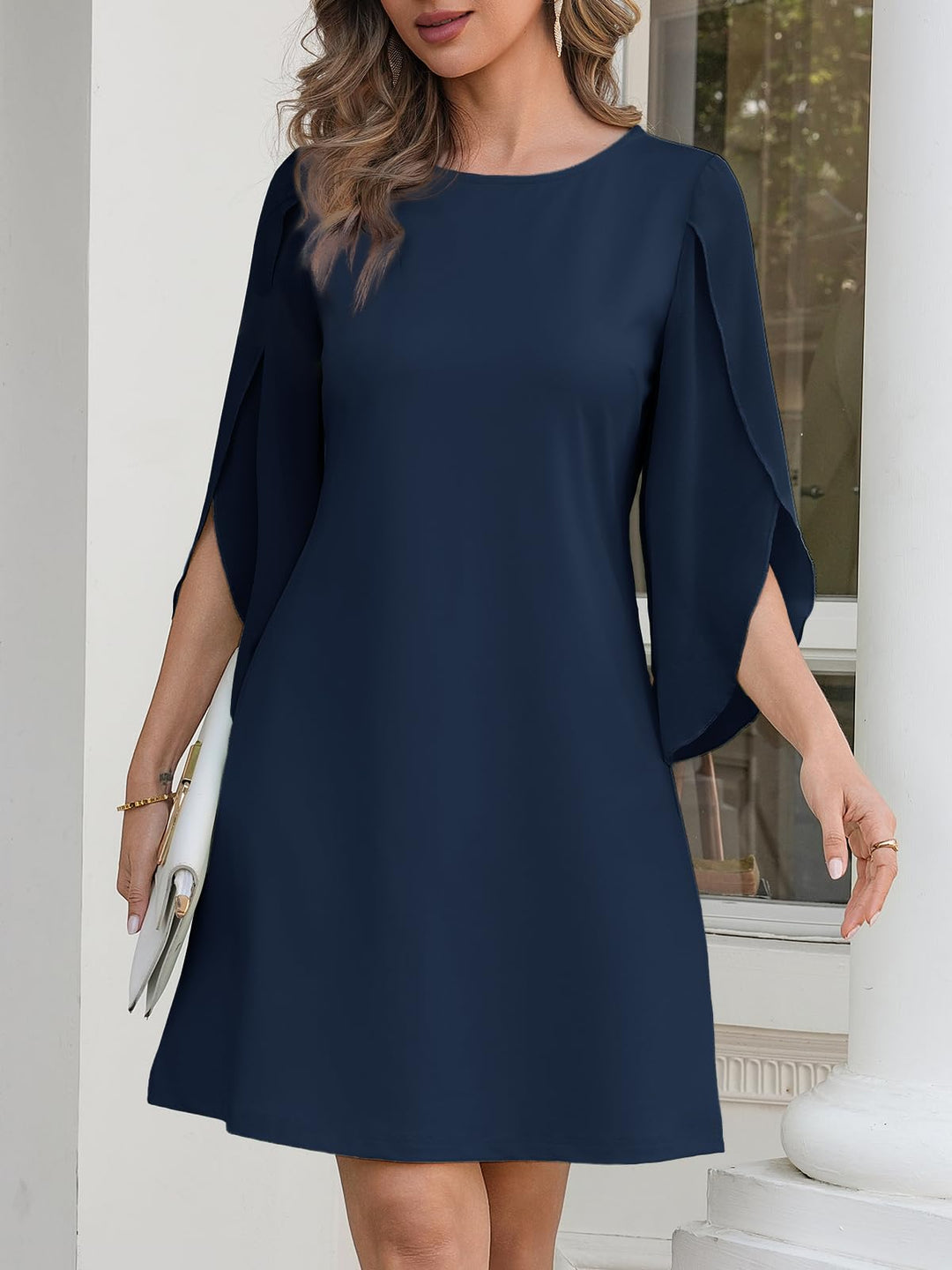 Vestido Elegante Marino para Mujer – Cuello Redondo, Mangas 3/4 de Chifón y Largo hasta la Rodilla
