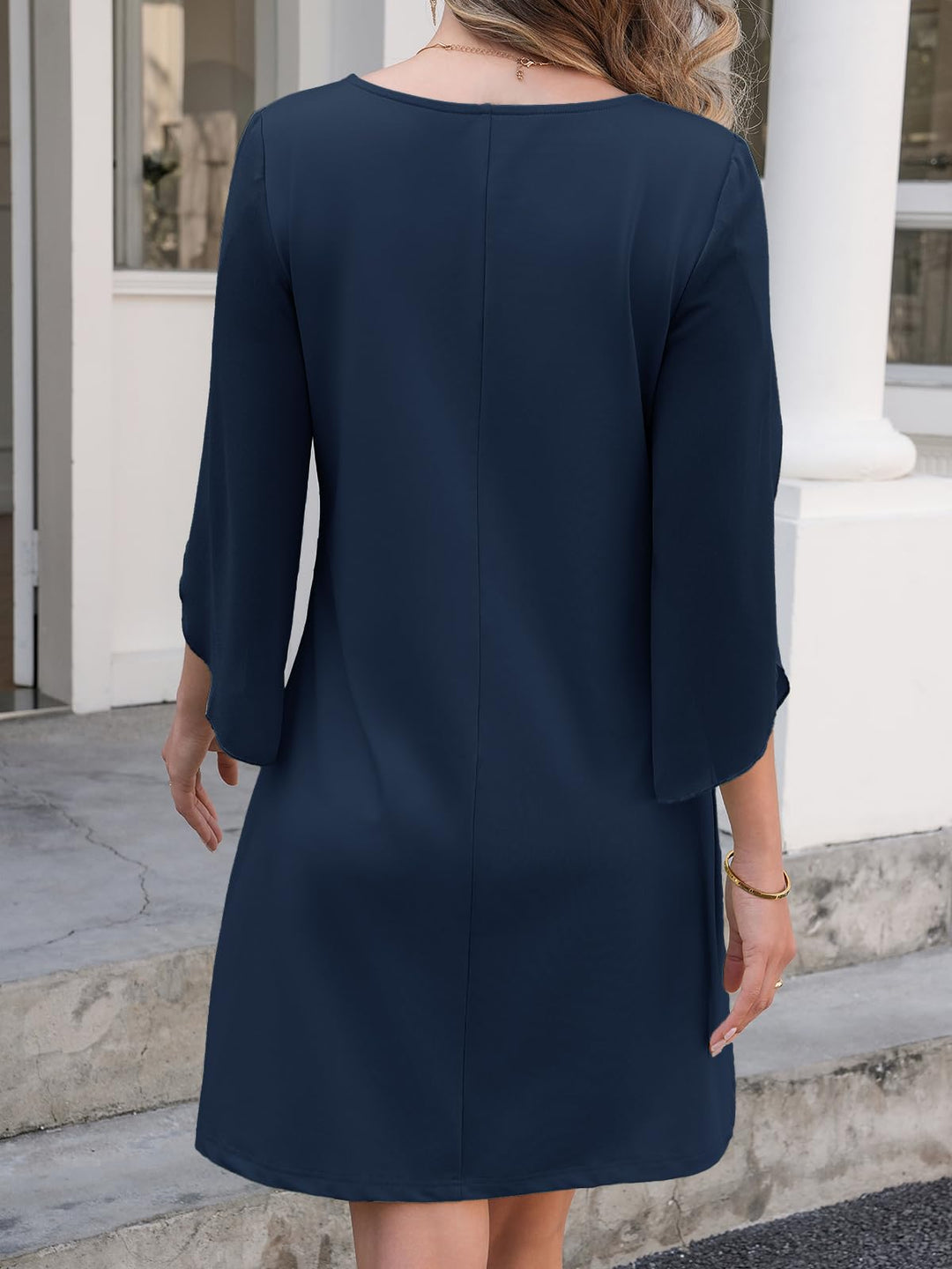 Vestido Elegante Marino para Mujer – Cuello Redondo, Mangas 3/4 de Chifón y Largo hasta la Rodilla
