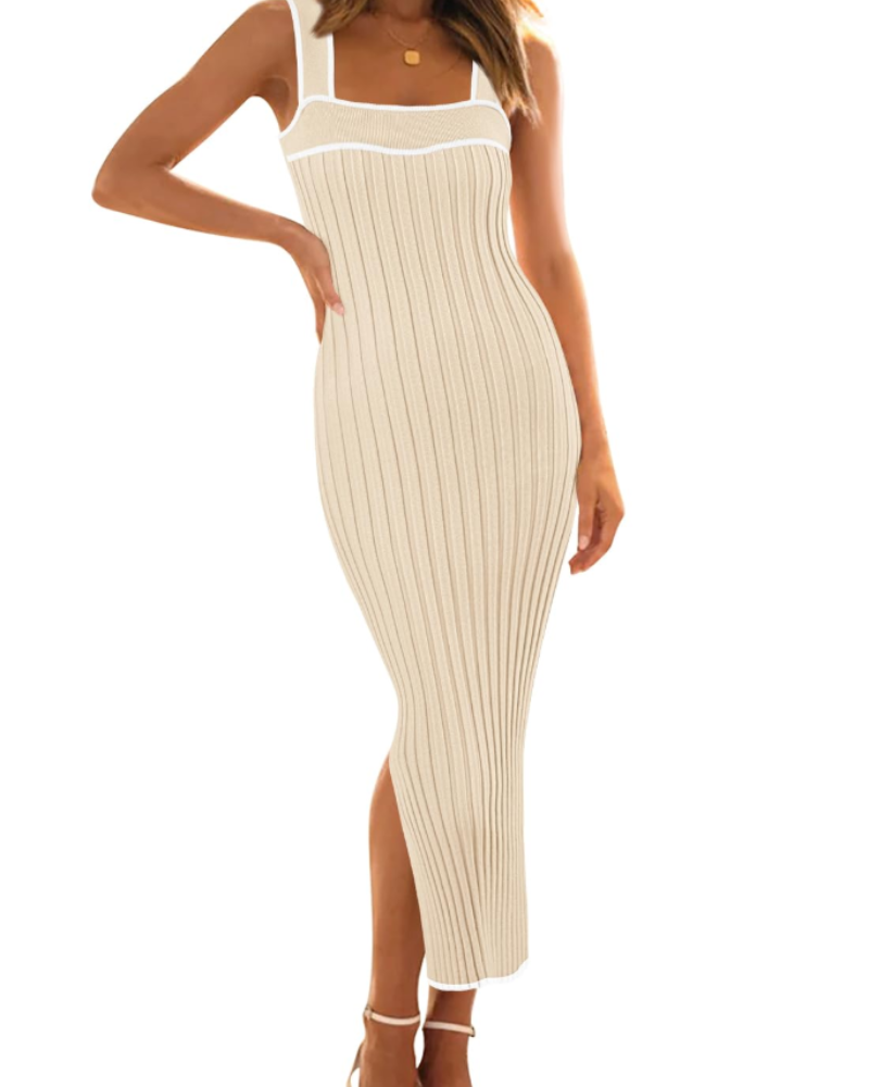 Delilah Midi-Kleid für Damen – Enganliegend mit Streifen, Quadratischem Ausschnitt & Elastischem Strickkleid