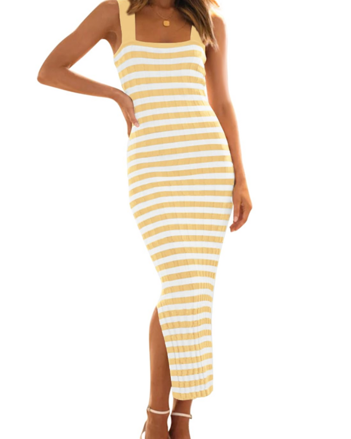 Delilah Midi-Kleid für Damen – Enganliegend mit Streifen, Quadratischem Ausschnitt & Elastischem Strickkleid