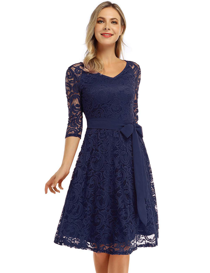 Rose Elegant Lace Dress for Women – V-Neck, Knee-Length & Vintage Style