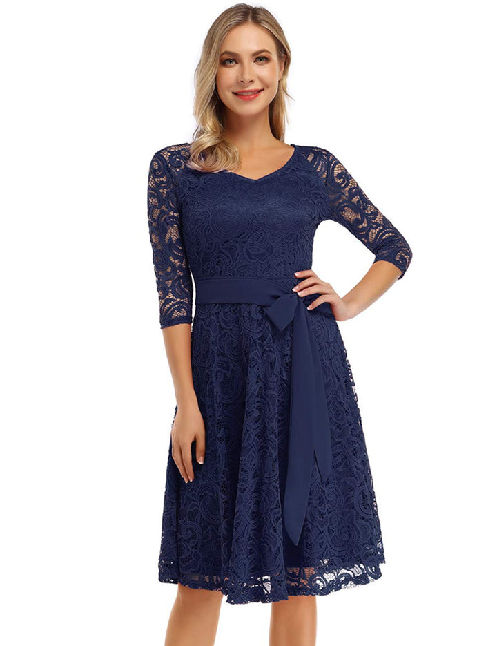 Rose Elegant Lace Dress for Women – V-Neck, Knee-Length & Vintage Style