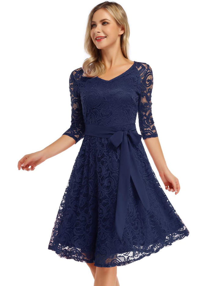 Rose Elegant Lace Dress for Women – V-Neck, Knee-Length & Vintage Style