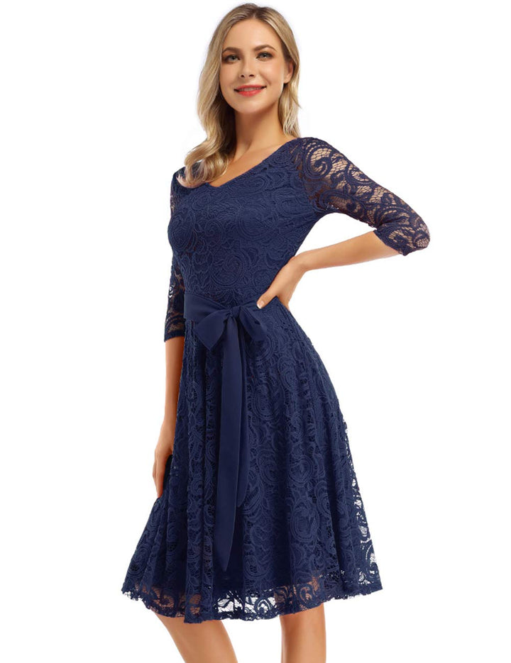 Rose Elegant Lace Dress for Women – V-Neck, Knee-Length & Vintage Style