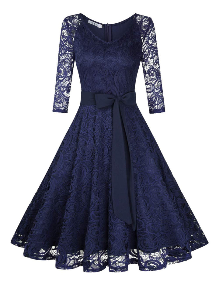 Rose Elegant Lace Dress for Women – V-Neck, Knee-Length & Vintage Style