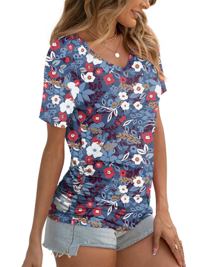 Elara Topp Donna – V-hals, Sidefolder & Elegant Casual T-skjorte