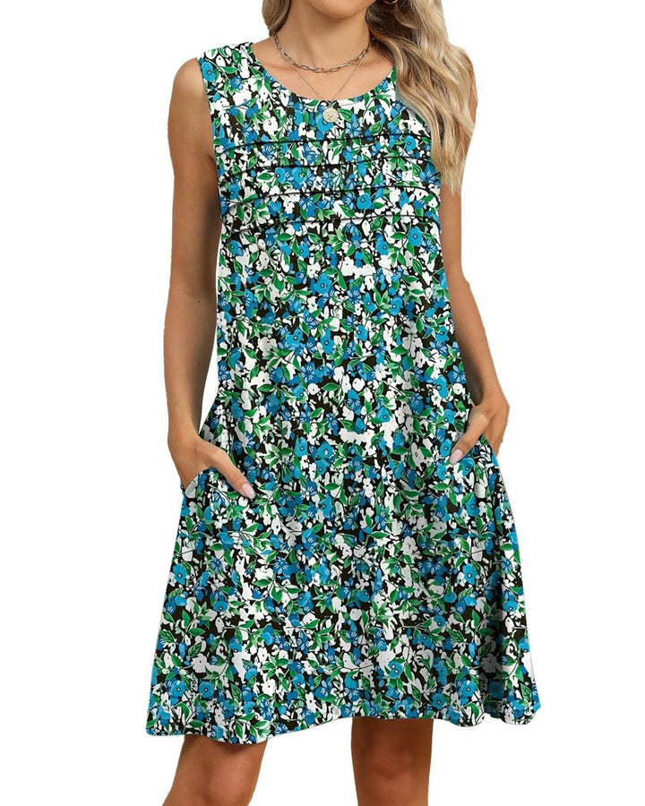 Alina Midi-kjole for kvinner – Bohemsk blomstermønster, ermeløs og med lommer, avslappet sommerstil