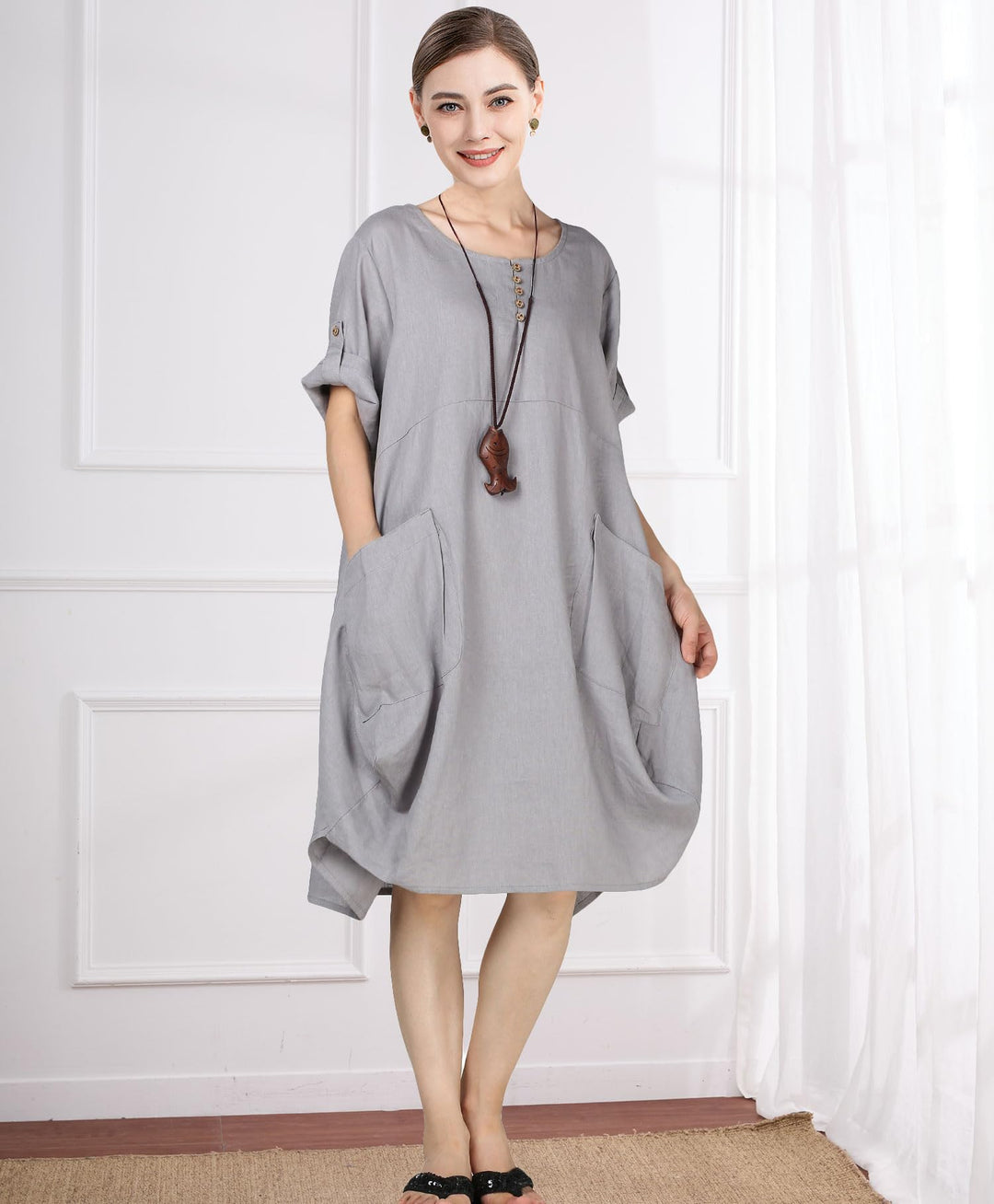 Wisteria Vestido Túnica Mujer – Lino Algodón, Mangas Cortas y Bolsillos Boho Oversize
