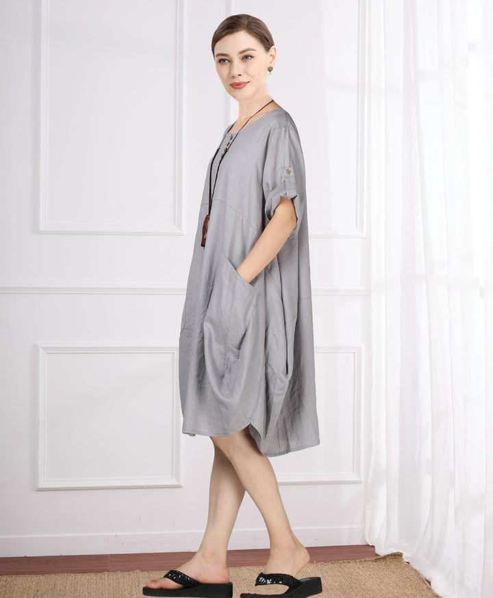 Wisteria Vestido Túnica Mujer – Lino Algodón, Mangas Cortas y Bolsillos Boho Oversize